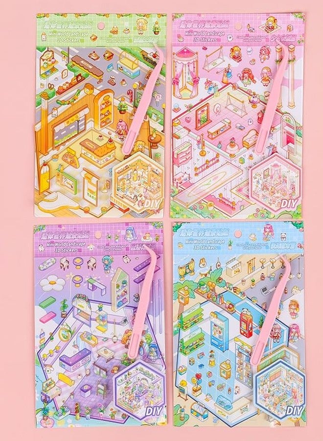 SAMVARDHAN 3D Mini World Landscape Sticker Set | DIY Scene Building PET Stickers with Tweezers | Cute Aesthetic Decorative Stickers for Journaling, Scrapbooking & Crafts (Pack of 4) - Image 1